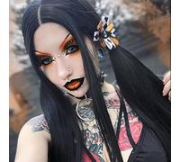 AFBeauty Parrucca frontale in pizzo nero, parrucca lunga e liscia nera con riga centrale sintetica naturale attaccatura dei capelli parrucca morbida in fibra resistente al calore parrucche per trucco