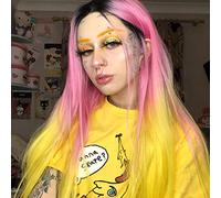 AFBeauty Parrucca frontale in pizzo rosa giallo per le donne parrucca lunga diritta colorata con radice nera sintetica multicolore parrucca parte centrale resistente al calore parrucche trucco