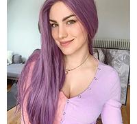 AFBeauty Parrucca frontale in pizzo viola per ragazza, lunga e liscia, con riga laterale, sintetica, realistica, resistente al calore, per feste, uso quotidiano, 61 cm