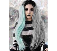 AFBeauty Parrucca sintetica di alta qualità, con parte centrale di colore grigio e mezzo verde, di alta qualità, resistente al calore, per donne da indossare tutti i giorni per Halloween, feste in