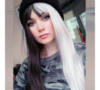 AFBeauty Parrucche frontali in pizzo bianco e nero da donna, 2 colori, capelli lisci lunghi e setosi con frangia, parrucca sintetica Drag Queen senza colla, mezza lega a mano, in fibra di calore, per