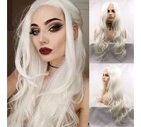 AFBeauty White Lace Front Wig Long Wavy Platinum White Synthetic 1001# Glueless Wig Half Hand Tied Hair Replacement Wigs 24inch for Women Girls