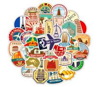AFCJLTO 50 Adesivi Viaggio, Stickers di Globali Famose Città del Mondo con Attrazioni Turistiche, Impermeabili Vintage Vinile Sticker per Diario di Viaggio da Compilare, Album scrapbooking