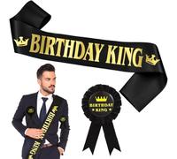 AFCJLTO Il set da 2 pezzi include cintura e distintivo ，Fascia di compleanno in raso nero per il ragazzo Happy Birthday King Sash distintivo di compleanno. Perfetto per la festa di compleanno