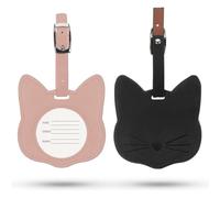 AFCJLTO Set da due etichette per valigia in pelle con simpatico motivo gatto, in rosa e nero, Facili da identificare durante i viaggi in aereo, per trovare subito la propria valigia all'aeroporto