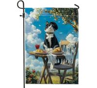 Affascinante bandiera da giardino a forma di gatto, felino bianco e nero con croissant, decorazione per esterni, striscione su entrambi i lati, per primavera ed estate, decorazione per feste in patio