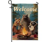 Affascinante bandiera da giardino con animali della foresta, accogliente striscione da campeggio con orso marrone e amici, bandiera rustica su entrambi i lati per la decorazione esterna della casa