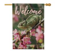 Affascinante bandiera da giardino con camaleonti, decorazione primaverile per rettili verdi, striscione a tema floreale su entrambi i lati, decorazione per esterni e casa, 71 x 101 cm