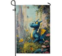 Affascinante bandiera da giardino con drago blu, fiori primaverili incantati farfalla decorazione per esterni, striscione per prato in iuta su entrambi i lati, decorazione a tema giardino fantasiosa