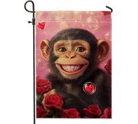 Affascinante bandiera da giardino primaverile, design carino scimmia amore con rose, decorazione per la casa all'aperto su entrambi i lati per San Valentino, prato e cortile, 30,5 x 45,7 cm
