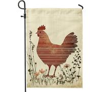 Affascinante bandiera da giardino rustica con gallina, decorazione floreale per esterni con gallina rossa calda per primavera ed estate, striscione da cortile in iuta su entrambi i lati, per la