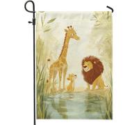 Affascinante bandiera da giardino Safari Friends, giraffa gialla cucciolo di leone decorazione per esterni, in iuta su entrambi i lati, striscione stagionale da cortile per bambini, decorazione per