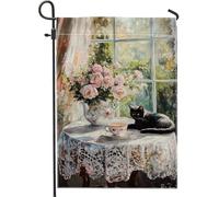 Affascinante bandiera floreale da giardino a forma di gatto, rose di pesca e gattino nero, decorazione per interni ed esterni, decorazioni stagionali per la casa, bandiere in stile vintage su entrambi