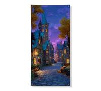 Affascinante copertura per porta del villaggio decorativo, scena incantata della città del crepuscolo, decorazione per porta d'ingresso, per interni ed esterni, autunno, da appendere, per festival