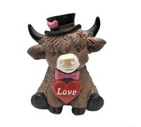 Affascinante coppia di mucche statuette in resina che riflettono gioiosa collaborazione attraverso bouquet di archi, cappello a cilindro e immagini a forma di cuore (A)