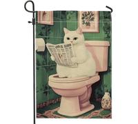 Affascinante gatto bianco che legge giornale bandiera da giardino, verde bagno arte arredamento esterno, decorazione stagionale per la casa per tutte le occasioni 30,5 x 45,7 cm