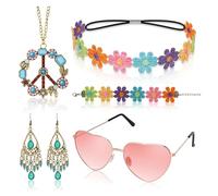 AffeGifts 5 PCS Hippy Accessori Donne, Boho 70s Accessori per Donne Ragazze con occhiali da sole rosa Margherita Fascia Collana Hippie Orecchini Bracciale Retro anni '60 e '70 Fashion Set
