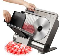 Affettatrice elettrica per alimenti con lama rimovibile in acciaio inox, spessore regolabile per taglio di precisione, include spintore e piedini antiscivolo per un utilizzo sicuro