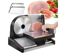 Affettatrice elettrica per carne, 200 W, con lama in acciaio inox da 19 cm, regolazione dello spessore da 1 a 1,5 cm, lama rimovibile per una facile pulizia, include spintore e 2 vassoi