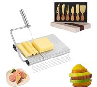 Affettatrice per formaggio a blocco con 5 fili di ricambio+Set coltelli per formaggio 6 pezzi,Corpo inox430,Lame inox420,Manici in acacia,Scala cm sul tagliere,Confezione regalo,per formaggi (OR)