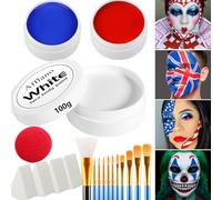 Afflano Kit Pittura del Viso Clown Grande Bianco Blu Rosso, Base di Olio Face Paint +Pennelli Spugne Naso di Clown 20 Pz, per Halloween Trucco Joker SFX Vampiro Cosplay Costume Dress Up