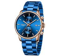 Affute Orologi da uomo in acciaio inox e metallo, stile casual, impermeabile, cronografo al quarzo, data automatica, lancette colorate - Blu oro rosa