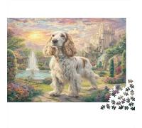 Afghan Hound - Cartone - Cocker Spaniel nel giardino con fontana e castello - Puzzle premium - Allenamento mentale - Arredamento casa - 38x26cm/1000 pezzi