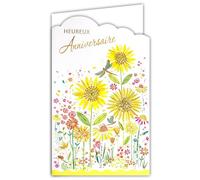 AFIE 15-6504 - Biglietto con porta banconota interno e busta felice compleanno per ragazza donna bouquet di fiori dei campi girasoli gialli Champ Libellule Matite colorate - Made in Europe
