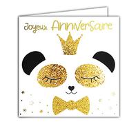 Afie 22067 - Biglietto d'auguri con busta, motivo: panda, in oro dorato, lucido, 145 x 145 mm, con busta, fabbricazione francese, corona; rene; regina, principessa; fiocco; stelle.