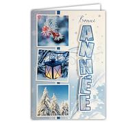 AFIE 61-3023-2 - Biglietto di auguri per anno con parola in 3D glitterata che brillano atmosfera foresta alberi di neve bacca rossa, formato 17 x 11,5 cm con busta