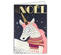 AFIE 61-5675 - Biglietto di auguri di buon Natale con busta e doratura in oro lucido scintillante scintillante unicorno pony cavallo sciarpa rosa corno criniera fiocchi magici per bambina