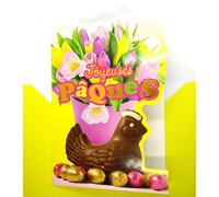 Afie 62-1014-B - Biglietto di auguri con busta gialla e scritta "Happy paque" in oro lucido con busta gialla - cioccolato a gallina uova, fiori tulipani per festa primaverile