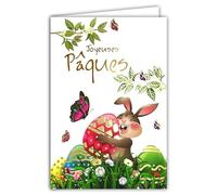 AFIE 62-1026 - Biglietto di auguri di Pasqua allegra in oro dorato lucido, con busta, 12 x 17,5 cm, illustrazione coniglio a caccia di uova dipinte con farfalle floreali, feste, primavera, creazione