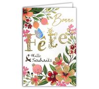 Afie 65-1223 - Biglietto di auguri di buona festa, mille auguri felicità, fiori rosa con doratura oro dorato, prodotto in Francia