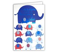 Afie 66-1141 Carta Blu Brillante con Busta Congratulazioni per la Nascita di Bambino Ragazzo Figlia Mamma Papà Genitori Famiglia Elefanti Bagno Illustrazione Felice Evento