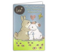 Afie 66-1155 - Biglietto di auguri con scritta Happy Birthday, per bambini, ragazza, ragazza, con cuore, rosa, coppia, papà, conigli, uccello, animali alla moda, carini, Made in France