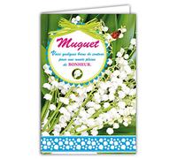 Afie 68-1039-B - Biglietto con busta, motivo: coccinella in legno, dipinto a mano in rosso, 13 campanelle bianche, 1° mese di mazzo di fiori, festa, primavera, colore: Blu cielo