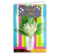 Afie 68-1046-B - Biglietto con busta gialla e portacandela in legno dipinta a mano, 1 mese in oro dorato lucido, 13 campanelle bianche, mazzo di fiori, festa, primavera