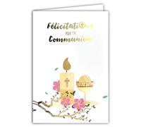 AFIE 68-6002 - Biglietto di auguri per la tua comunicazione, in oro dorato lucido, con busta, 12 x 17,5 cm, per giovane ragazza cristiana cattolica, candela pane ossia coppa calice ciber, fiori