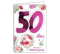 Afie 69-2135 - Biglietto con busta, per compleanno, 50 anni, da donna, colore: fucsia brillante, bouquet di fiori