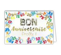 Afie 69-5113 - Biglietto di auguri di buon compleanno, in oro lucido, 1, 2, 3, 4, 5, 6, 7, 8, 9, 10, 11, 12, 13, 14 anni, con busta formato chiusa, 17 x 11,5 cm