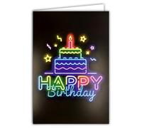 AFIE 69-8120 - Biglietto FLUO con scritta Happy Birthday, con busta, 12 x 17,5 cm, con candela accesa a stelle interne bianche per scrittura, veri inchiostri FLUO, creato e fabbricato in Francia