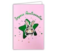 AFIE 69-9029 - Biglietto felice anno nuovo, piccolo coniglio carino per bambini, ragazza ragazzo + busta, 12 x 17,5 cm, stella verde brillante, con chiusura a farfalla, rosa, tenero, interno bianco,