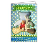 AFIE Biglietto congratulazioni nascita o adozione bambino ragazzo con paillettes e busta blu, 12 x 17,5 cm, la famiglia ingrandisce taglio perforazione a forma di orsacchiotto orso di peluche