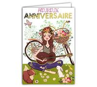 Afie Biglietto di auguri per compleanno, oro dorato, per ragazza, donna, stile bohémien, hippie, chic, fiori rosa, bicicletta, chitarra, musica, animali