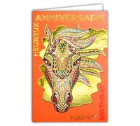 AFIE Biglietto doppio felice compleanno con doratura oro, motivo cavallo, con busta inclusa, messaggio originale, prodotto in Francia 69-4018