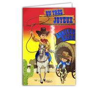 AFIE Biglietto glitterato Buon Compleanno Ragazzo Cowboy a Cavallo Busta Giallo 12 x 17,5 cm Costume Costume Lasso Cappello Sciarpa Country Roulotte Western Far West Deserto Cactus 67-1089-B