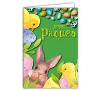 Afie Happy Easter Card Spring Party Coniglio Giallo Pulcini Pollo Dipinto Uova Animali Illustrazione Bambino Giovane con Formato Busta 12 x 17,5 cm Carta PEFC 300 g Lucida Made in France 62-1019