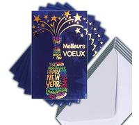 AFIE M5-506 - Set di 5 biglietti identici per auguri in oro dorato, 13,5 x 8,5 cm + 5 buste bianche 14 x 9 cm, auguri per gennaio, parole a forma di bottiglia stellare, create stampate made in France