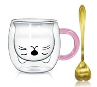 Afitdon Graziosa tazza per gatti a doppia parete, con motivi di gatto con cucchiaio, regalo per gli amanti dei gatti per cappuccino, latte macchiato, tè, gelato e latte 250 ml